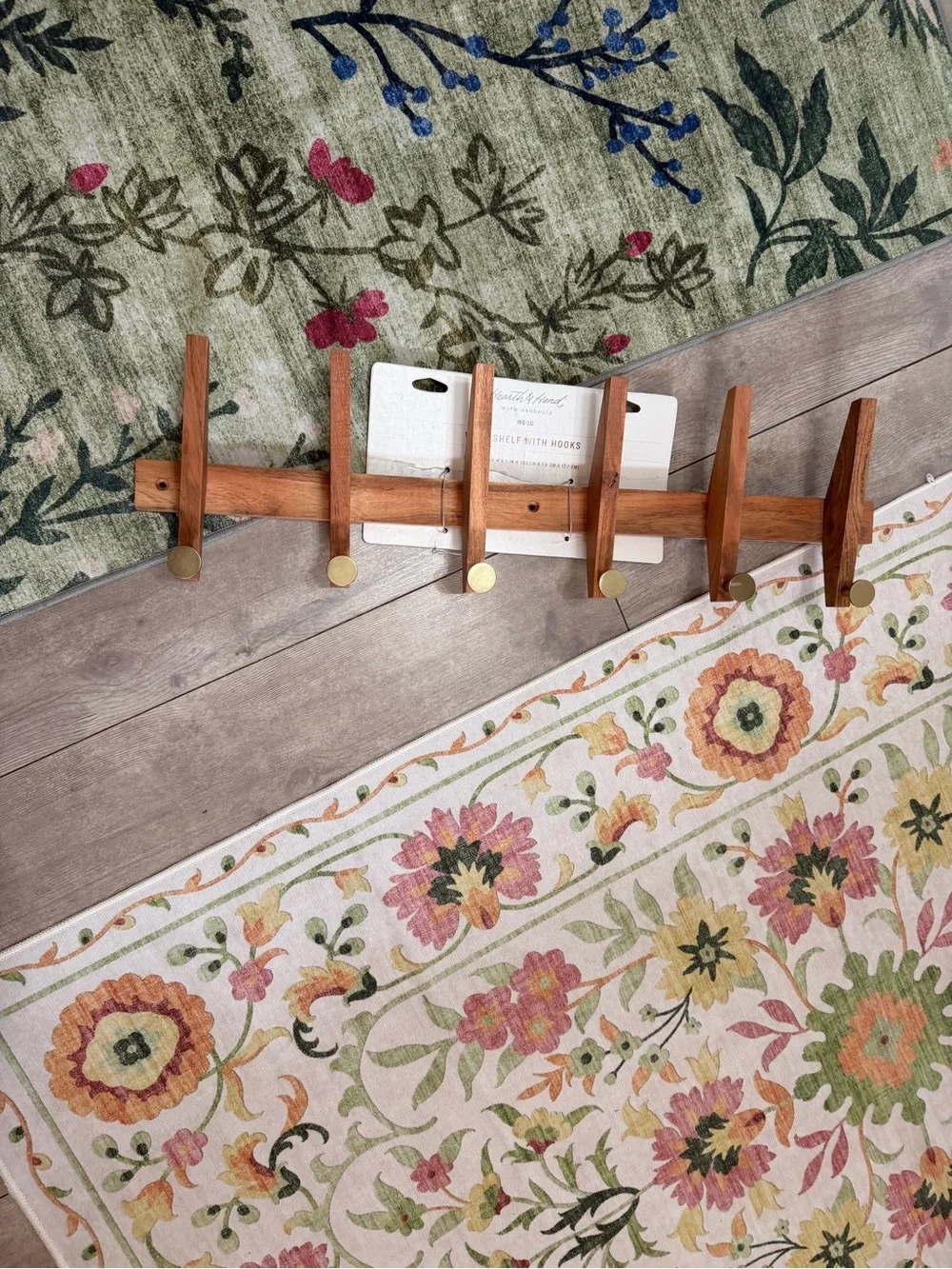 New Hearth & Hand Magnolia 26” Wood & Brass Wall Hook Rail Rack Natural Wood